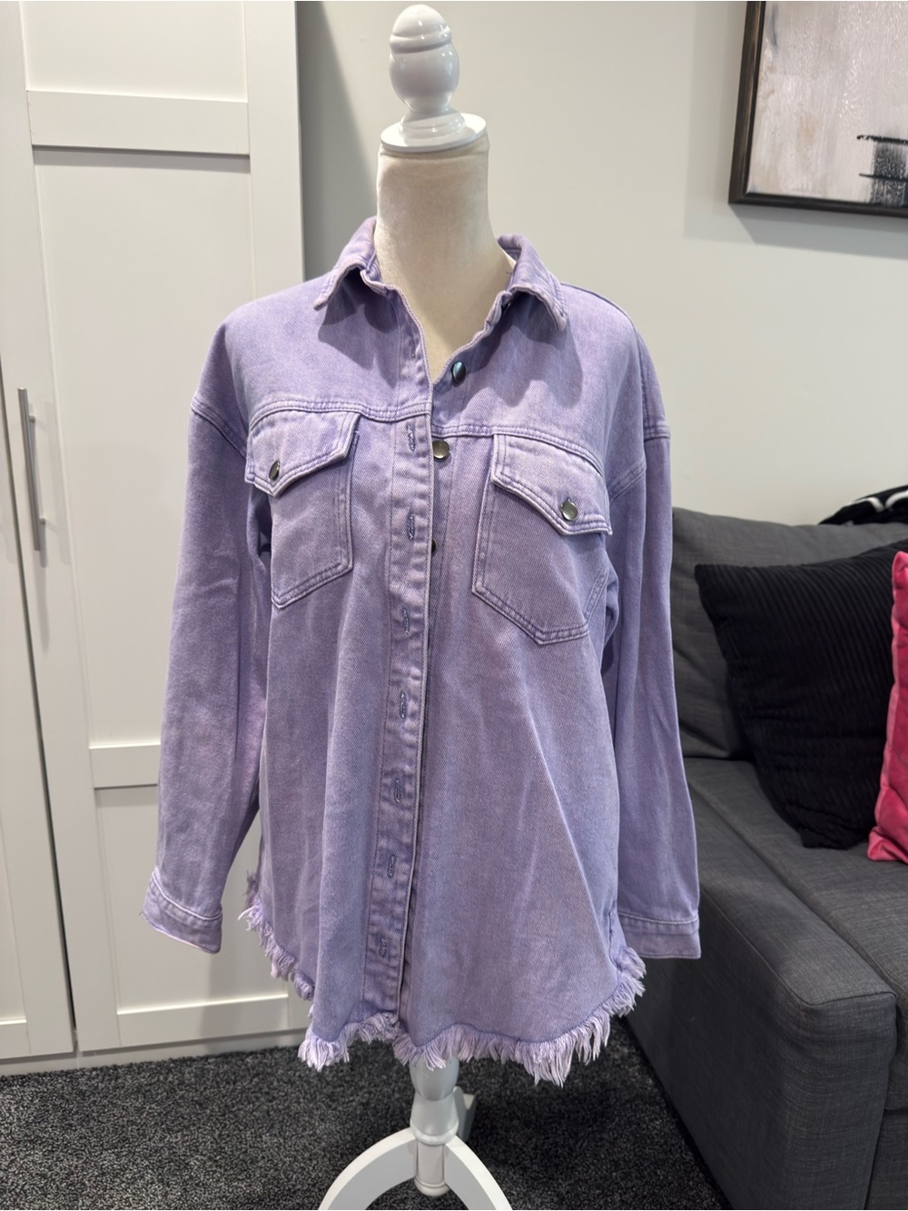 Lavender Frayed-Hem Denim Shacket - Women